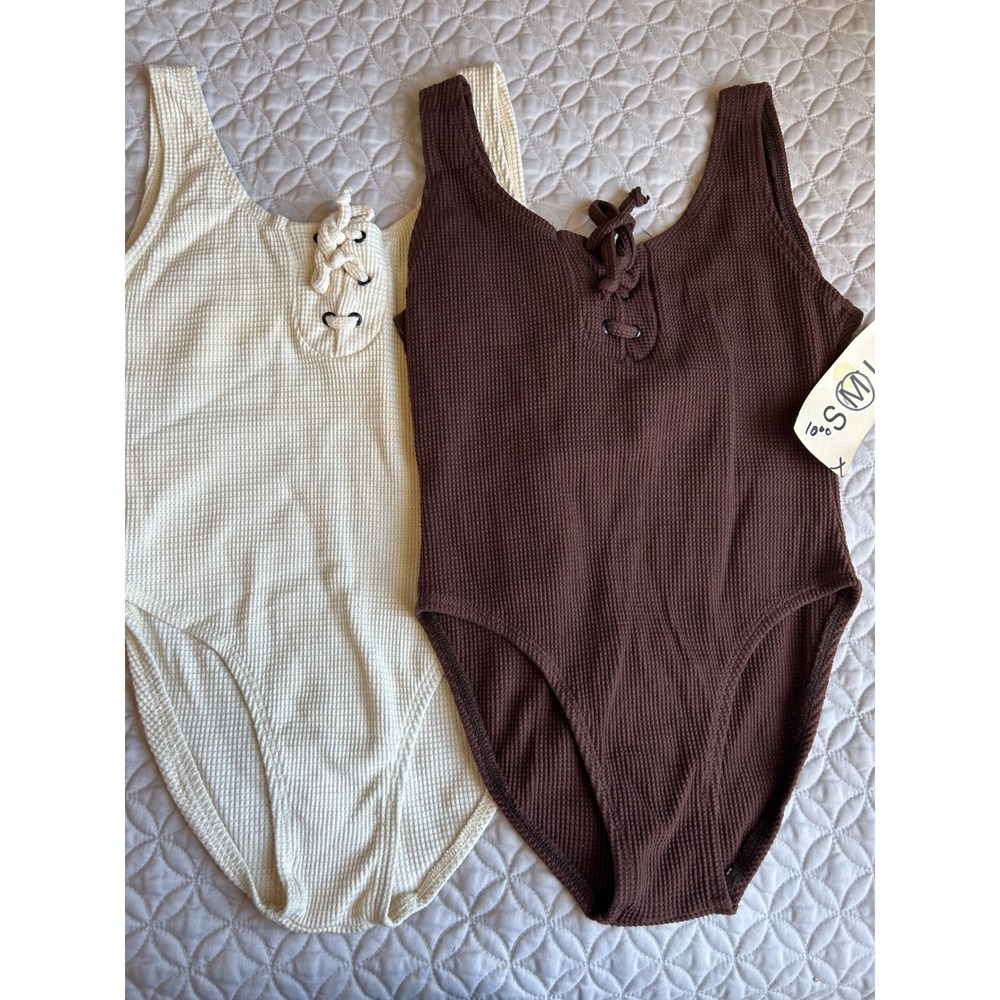 Waffle Knit Lace-Up Bodysuit - Brown